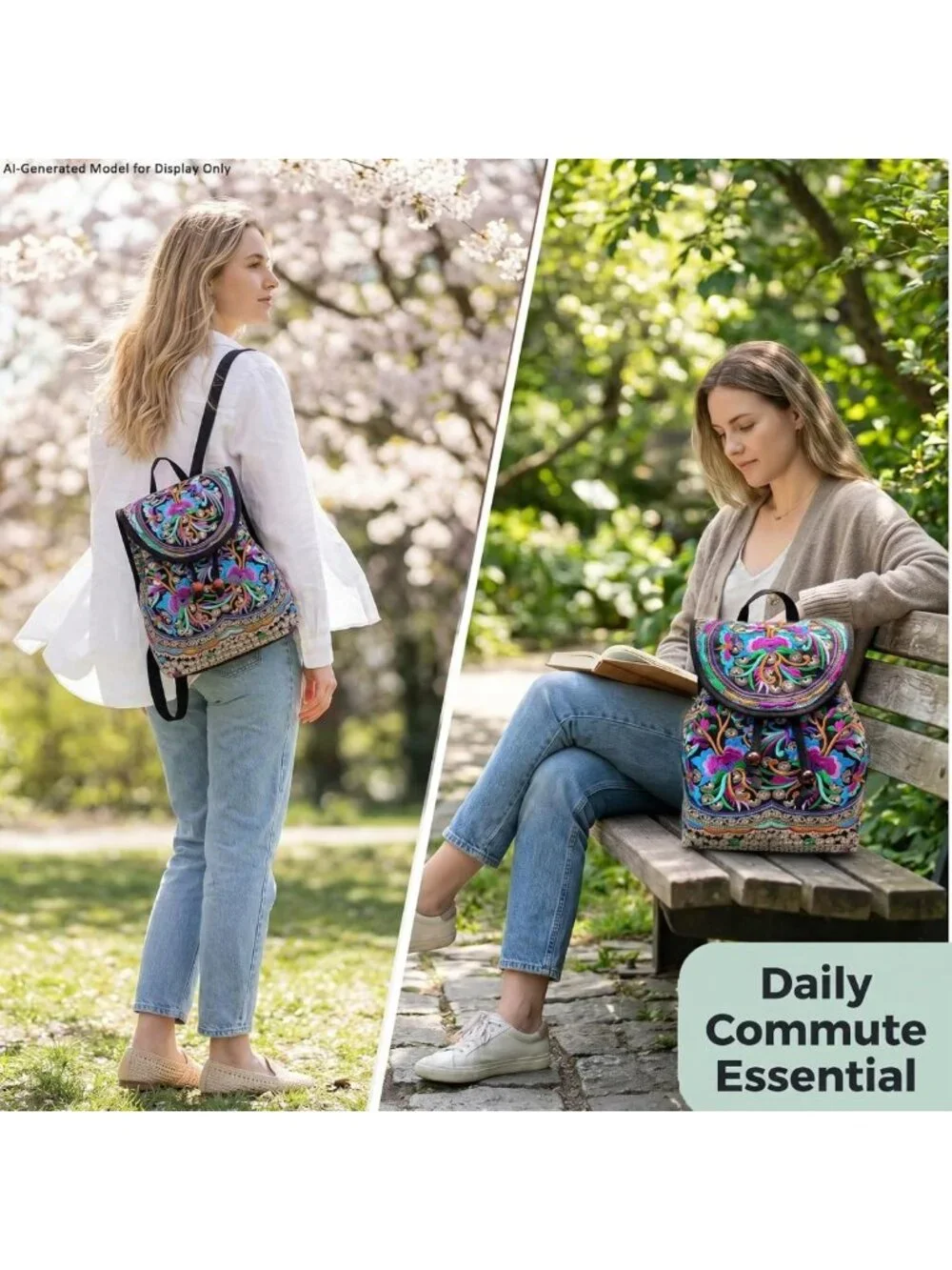 Embroidered Floral Backpack Purse for Women | Lightweight Canvas Boho Daypack